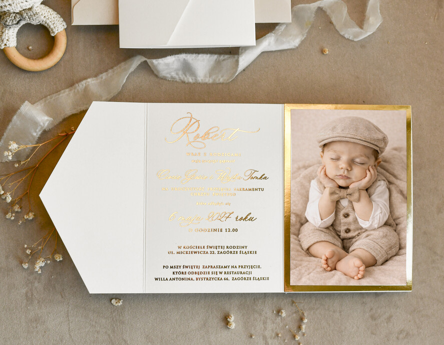 ZAPROSZENIA NA CHRZCINY dla chłopca Boho Złocone Zaproszenie na Chrzest w folderze, Eleganckie Zaproszenia na Chrzciny ze Zdjęciem 1