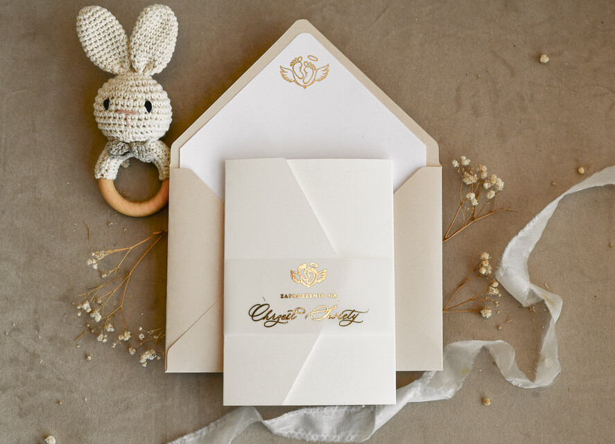 ZAPROSZENIA NA CHRZCINY dla chłopca Boho Złocone Zaproszenie na Chrzest w folderze, Eleganckie Zaproszenia na Chrzciny ze Zdjęciem 2