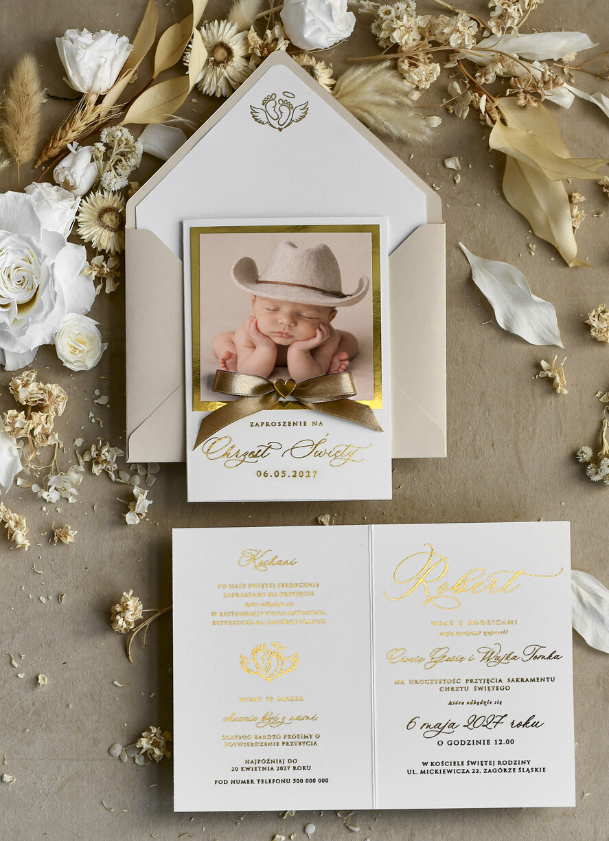ZAPROSZENIA NA CHRZCINY dla chłopca zaproszenie na Chrzest Złote Eleganckie zaproszenie na chrzciny ze zdjęciem presonalizowane 2