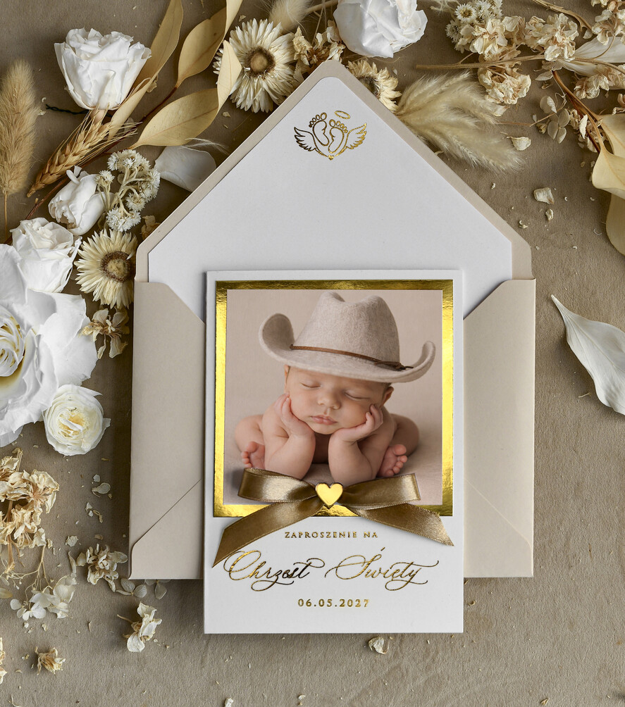 ZAPROSZENIA NA CHRZCINY dla chłopca zaproszenie na Chrzest Złote Eleganckie zaproszenie na chrzciny ze zdjęciem presonalizowane 0