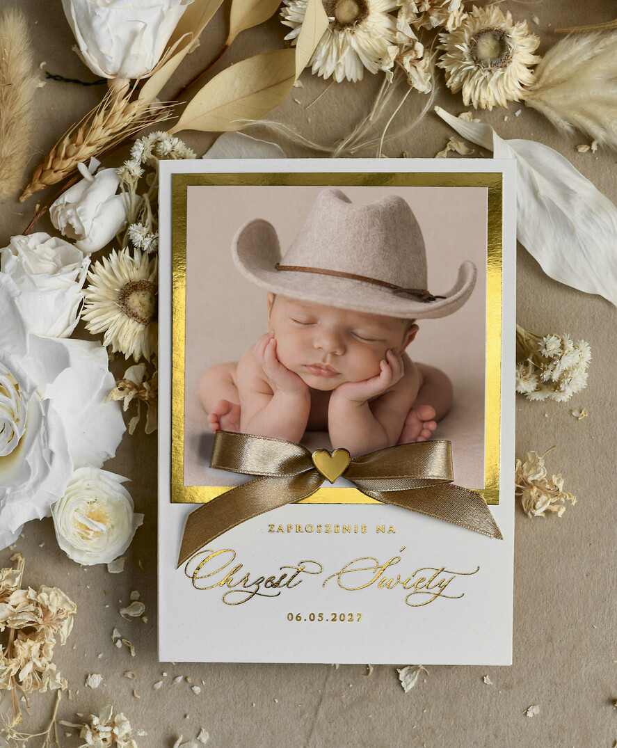 ZAPROSZENIA NA CHRZCINY dla chłopca zaproszenie na Chrzest Złote Eleganckie zaproszenie na chrzciny ze zdjęciem dziecka 1