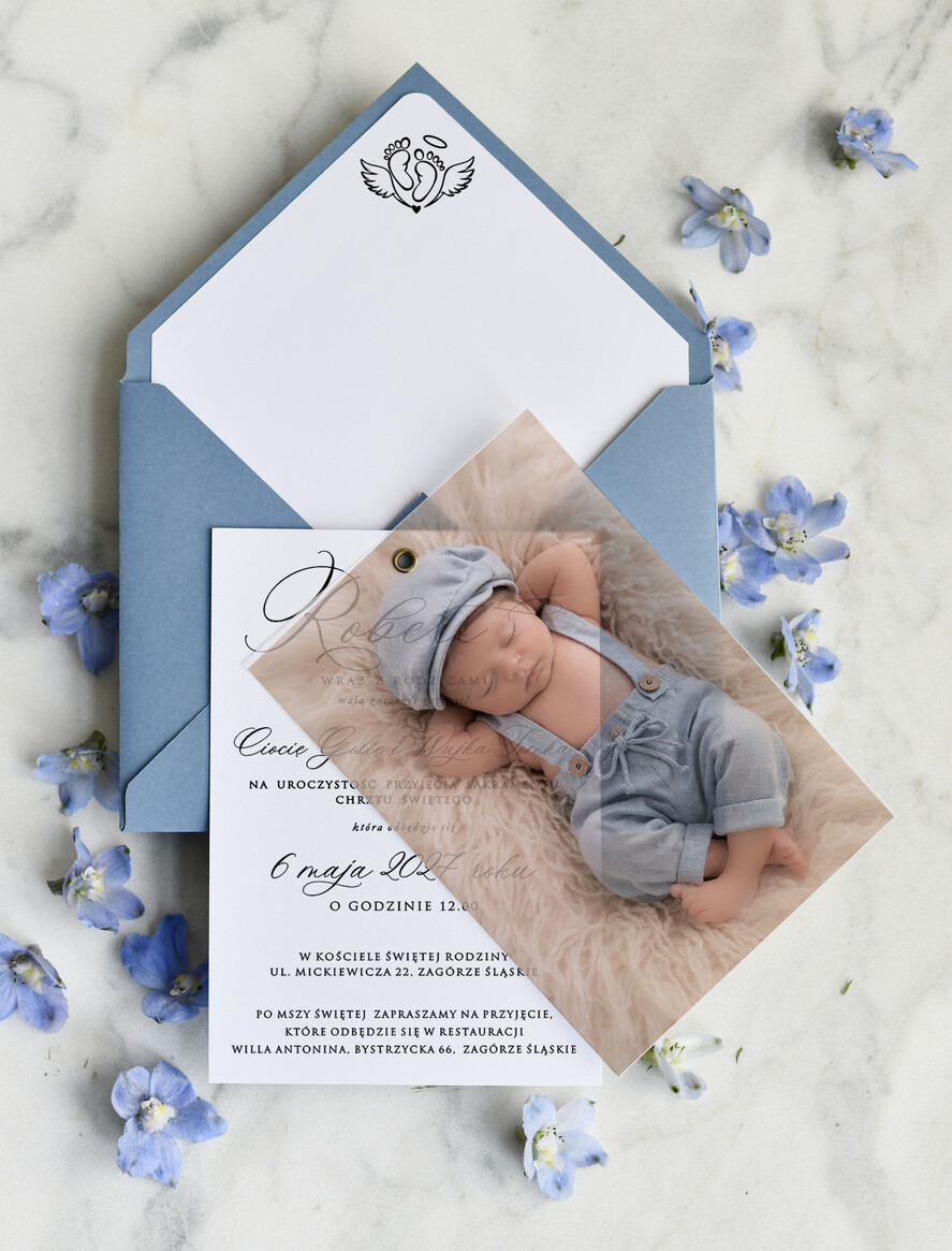 ZAPROSZENIA NA CHRZCINY dla chłopca klasyczne Zaproszenie na Chrzest z kalką, Eleganckie Zaproszenia na Chrzciny  presonalizowane1