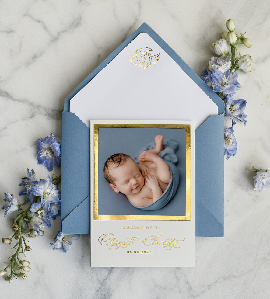 ZAPROSZENIA NA CHRZCINY dla chłopca zaproszenie na Chrzest Złote zaproszenie na chrzciny ze zdjęciem dziecka 0