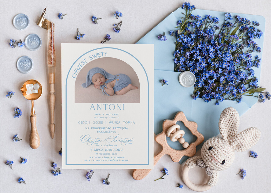 ZAPROSZENIA NA CHRZCINY dla chłopca piekne zaproszenie na Chrzest Niebieskie Klasyczne zaproszenie na chrzciny, zaproszenia na chrzciny ze zdjęciem 1