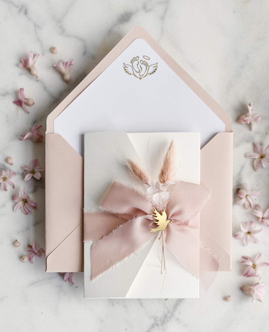 ZAPROSZENIA NA CHRZCINY dla dziewczynki  Boho Złocone Zaproszenie na Chrzest w folderze, Eleganckie Zaproszenia na Chrzciny ze Zdjęciem 2