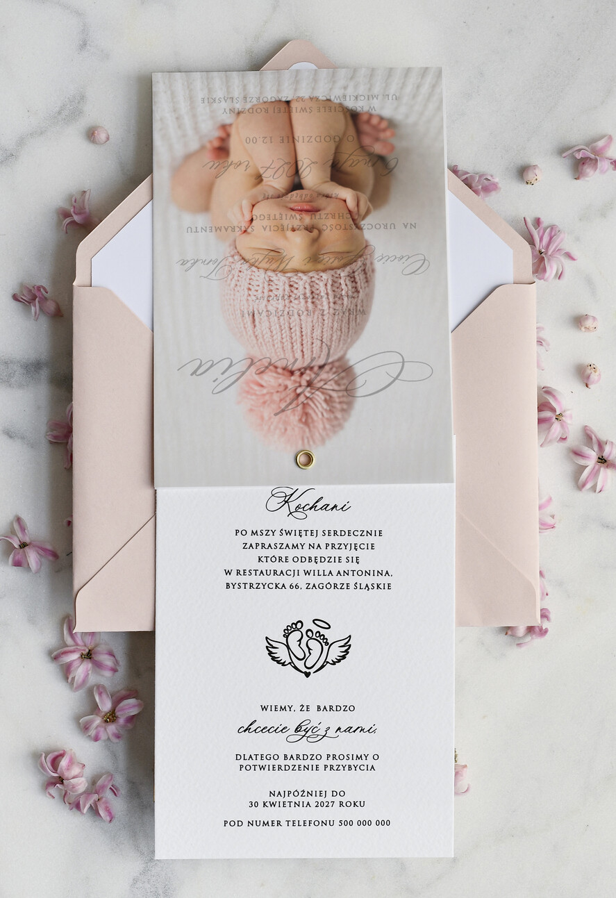 ZAPROSZENIA NA CHRZCINY dla dziewczynki  klasyczne Zaproszenie na Chrzest z kalką, Eleganckie Zaproszenia na Chrzciny ze Zdjęciem 2