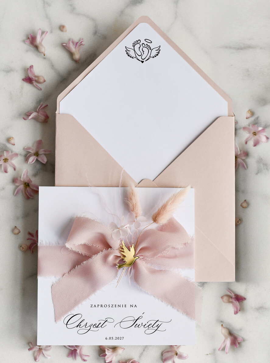 ZAPROSZENIA NA CHRZCINY dla dziewczynki  Boho Kwadratowe Zaproszenie na Chrzest w folderze, Eleganckie Zaproszenia na Chrzciny ze Zdjęciem 1