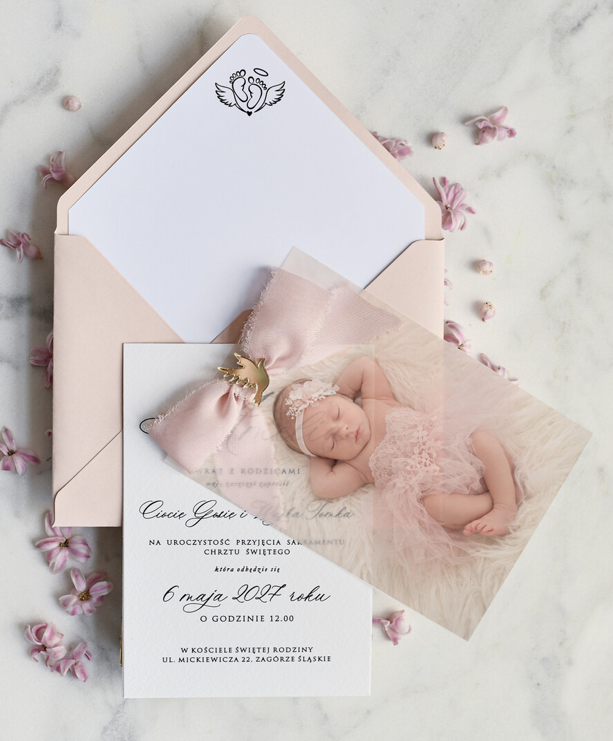 ZAPROSZENIA NA CHRZCINY dla dziewczynki  klasyczne Zaproszenie na Chrzest z kalką, Eleganckie Zaproszenia na Chrzciny ze Zdjęciem 1