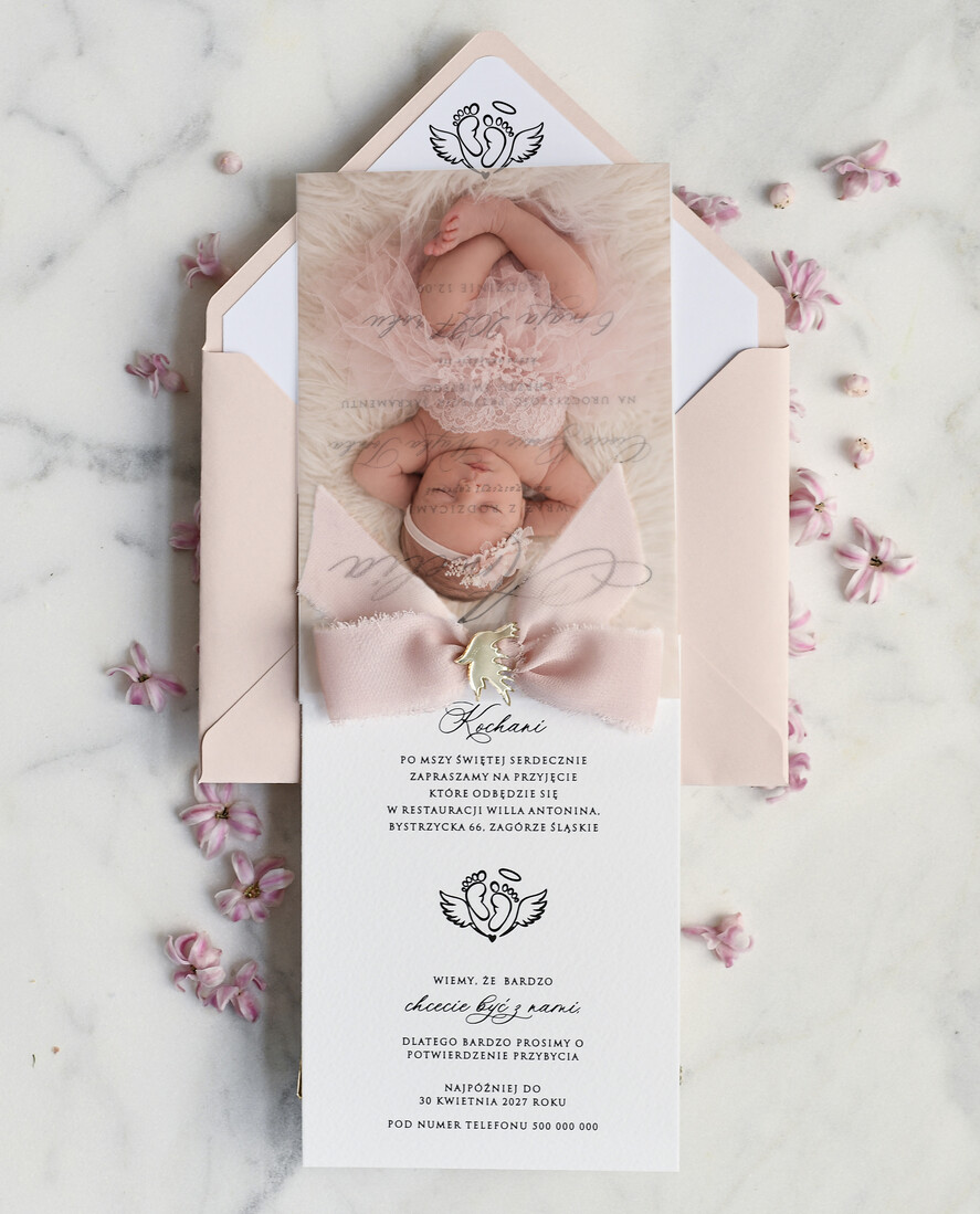 ZAPROSZENIA NA CHRZCINY dla dziewczynki  klasyczne Zaproszenie na Chrzest z kalką, Eleganckie Zaproszenia na Chrzciny ze Zdjęciem 2