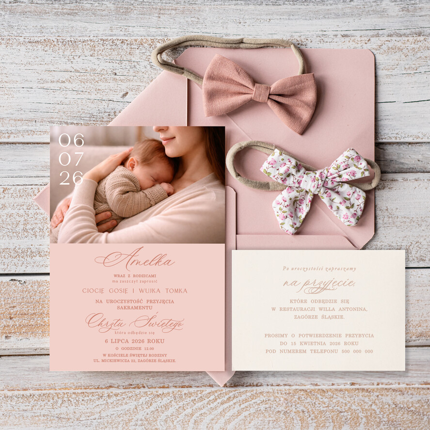 ZAPROSZENIA NA CHRZCINY dla dziewczynki  piekne zaproszenie na Chrzest Niebieskie Klasyczne zaproszenie na chrzciny, zaproszenia na chrzciny ze zdjęciem 1