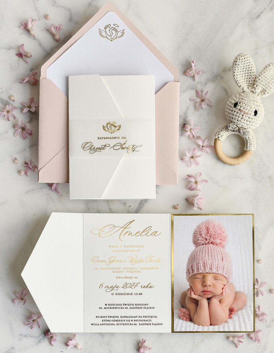ZAPROSZENIA NA CHRZCINY dla dziewczynki  Złocone Zaproszenie na Chrzest, Eleganckie Zaproszenia na Chrzciny ze Zdjęciem 0