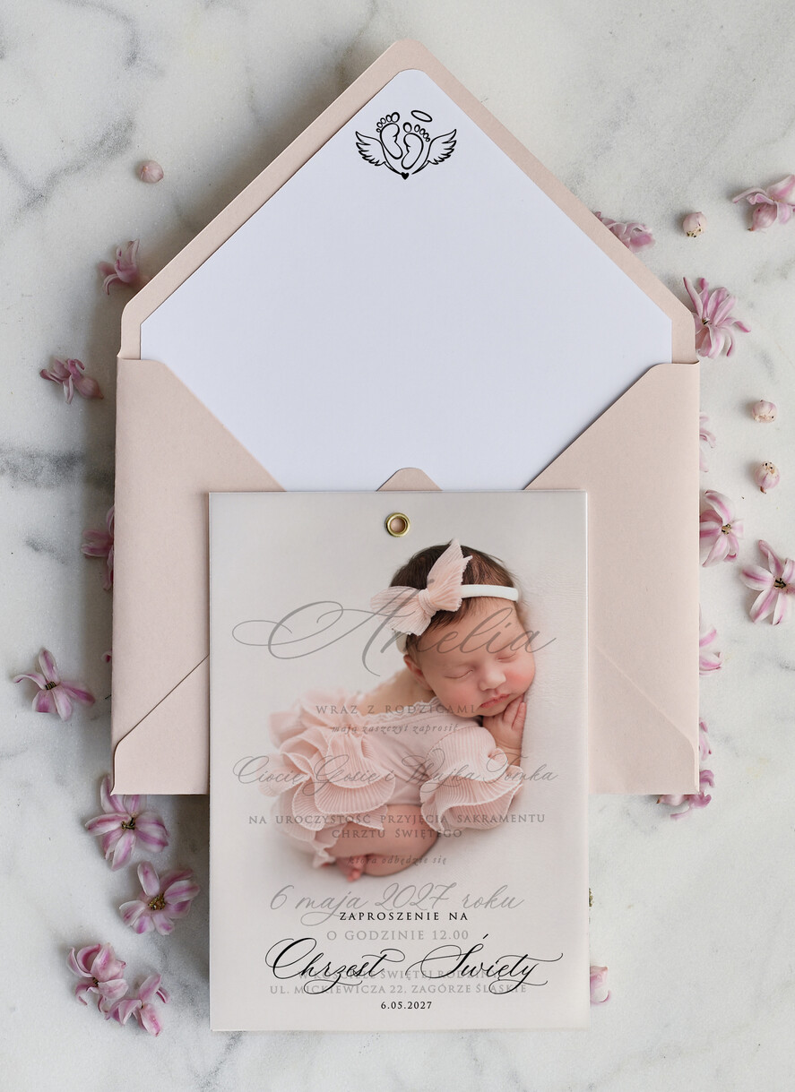 ZAPROSZENIA NA CHRZCINY dla dziewczynki  klasyczne Zaproszenie na Chrzest z kalką, Eleganckie Zaproszenia na Chrzciny ze Zdjęciem 0