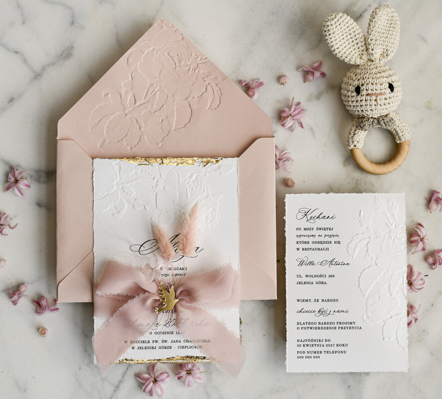 ZAPROSZENIA NA CHRZCINY dla dziewczynki  Boho Złocone Zaproszenie na Chrzest tłoczone, Eleganckie Tłoczone Zaproszenia na Chrzciny 0