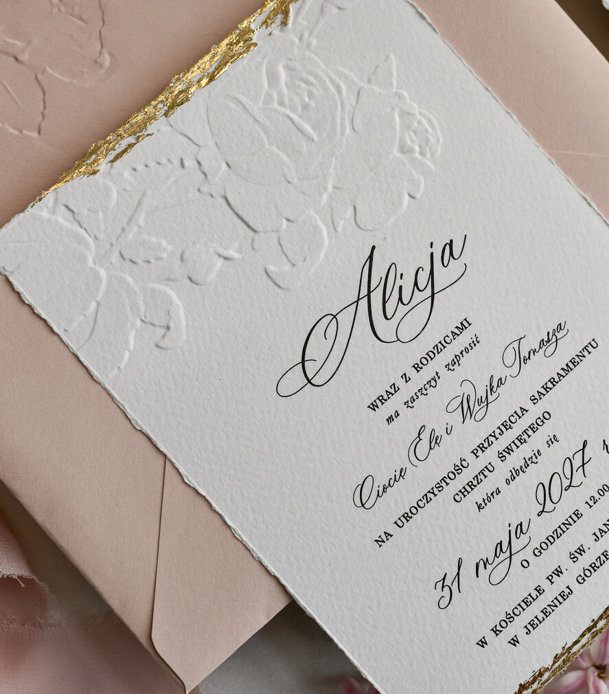 ZAPROSZENIA NA CHRZCINY dla dziewczynki  Boho Złocone Zaproszenie na Chrzest tłoczone, Eleganckie Tłoczone Zaproszenia na Chrzciny 4