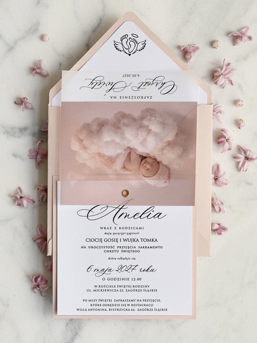 ZAPROSZENIA NA CHRZCINY dla dziewczynki  klasyczne Zaproszenie na Chrzest z kalką, Eleganckie Zaproszenia na Chrzciny ze Zdjęciem 1