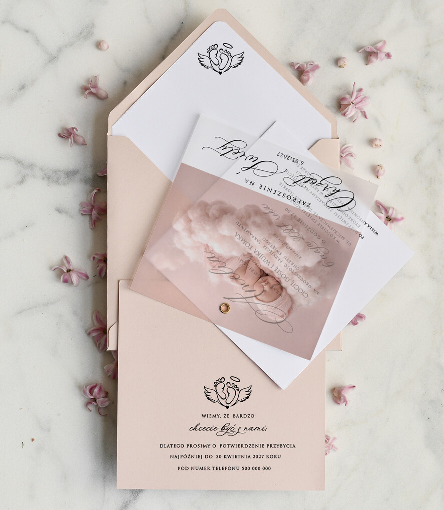 ZAPROSZENIA NA CHRZCINY dla dziewczynki  klasyczne Zaproszenie na Chrzest z kalką, Eleganckie Zaproszenia na Chrzciny ze Zdjęciem 2