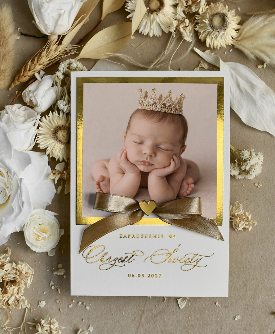 ZAPROSZENIA NA CHRZCINY dla dziewczynki  Złocone Zaproszenie na Chrzest, Eleganckie Zaproszenia na Chrzciny ze Zdjęciem 1