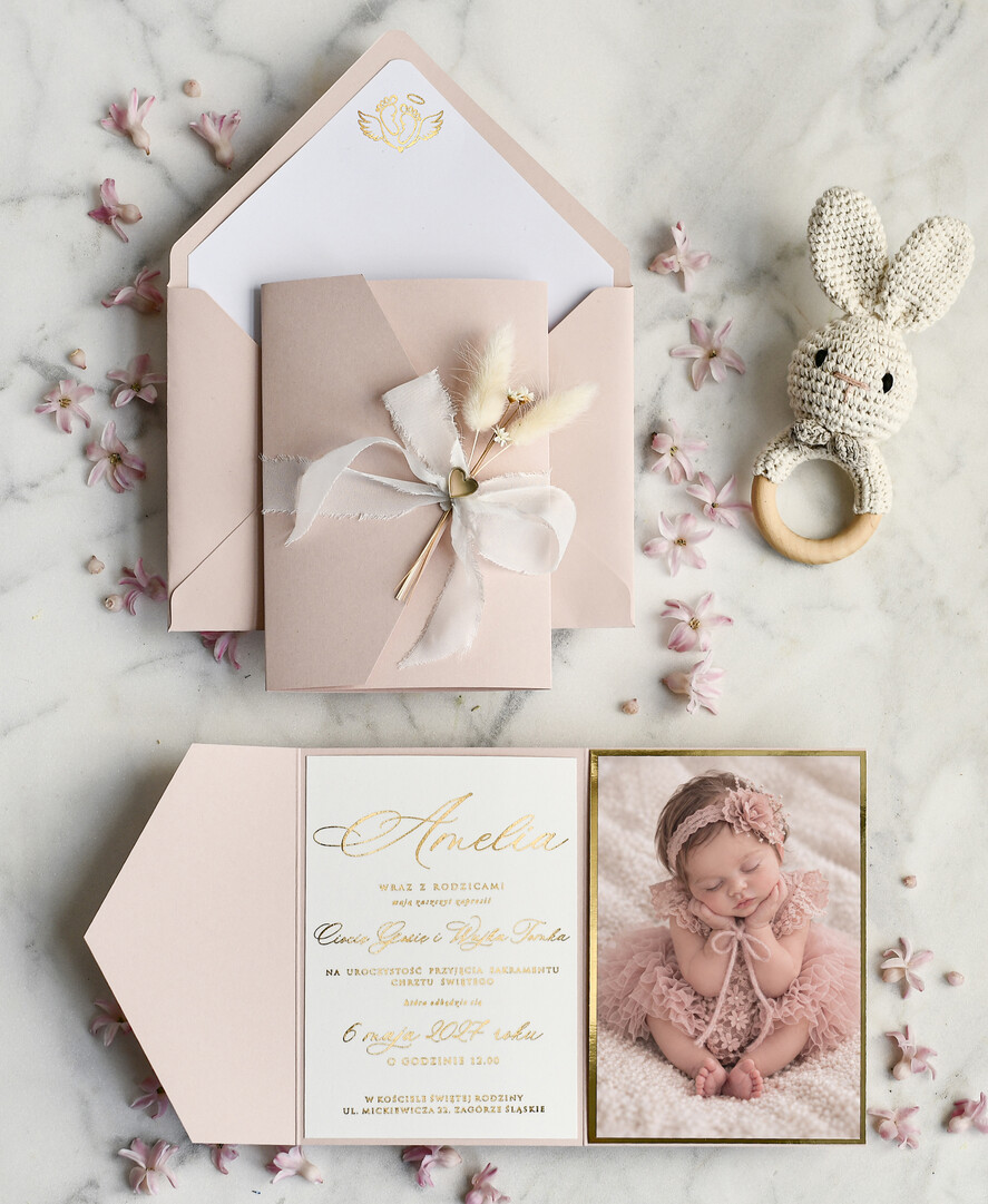 ZAPROSZENIA NA CHRZCINY dla dziewczynki  Boho Złocone Zaproszenie na Chrzest w folderze, Eleganckie Zaproszenia na Chrzciny ze Zdjęciem 0