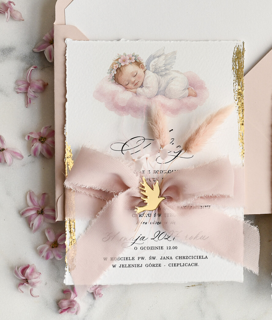 ZAPROSZENIA NA CHRZCINY dla dziewczynki  Boho Złocone Zaproszenie na Chrzest z aniołkiem, Eleganckie Tłoczone Zaproszenia na Chrzciny 2