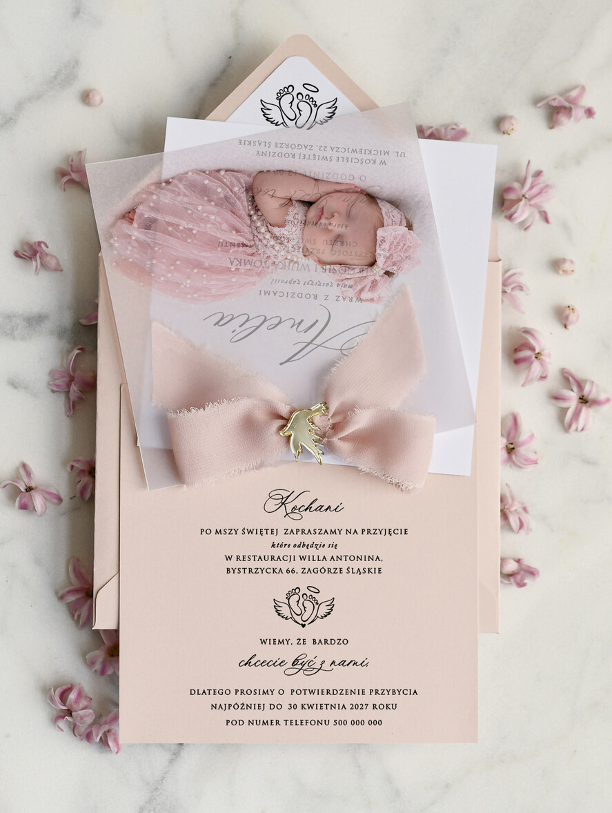 ZAPROSZENIA NA CHRZCINY dla dziewczynki  boho deilkatne Zaproszenie na Chrzest z kalką, Eleganckie Zaproszenia na Chrzciny ze Zdjęciem 2