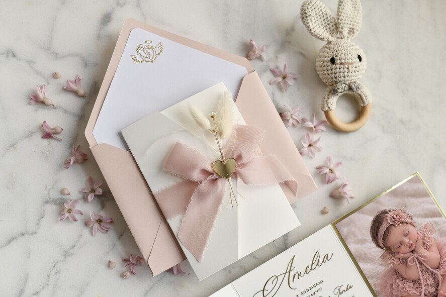 ZAPROSZENIA NA CHRZCINY dla dziewczynki  Boho Złocone Zaproszenie na Chrzest w folderze, Eleganckie Zaproszenia na Chrzciny ze Zdjęciem 2