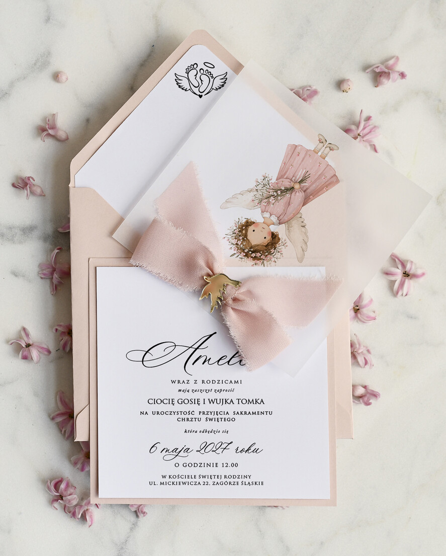 ZAPROSZENIA NA CHRZCINY dla dziewczynki  boho deilkatne Zaproszenie na Chrzest z kalką, Eleganckie Zaproszenia na Chrzciny ze Zdjęciem 2