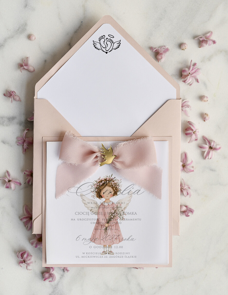 ZAPROSZENIA NA CHRZCINY dla dziewczynki  boho deilkatne Zaproszenie na Chrzest z kalką, Eleganckie Zaproszenia na Chrzciny ze Zdjęciem 0
