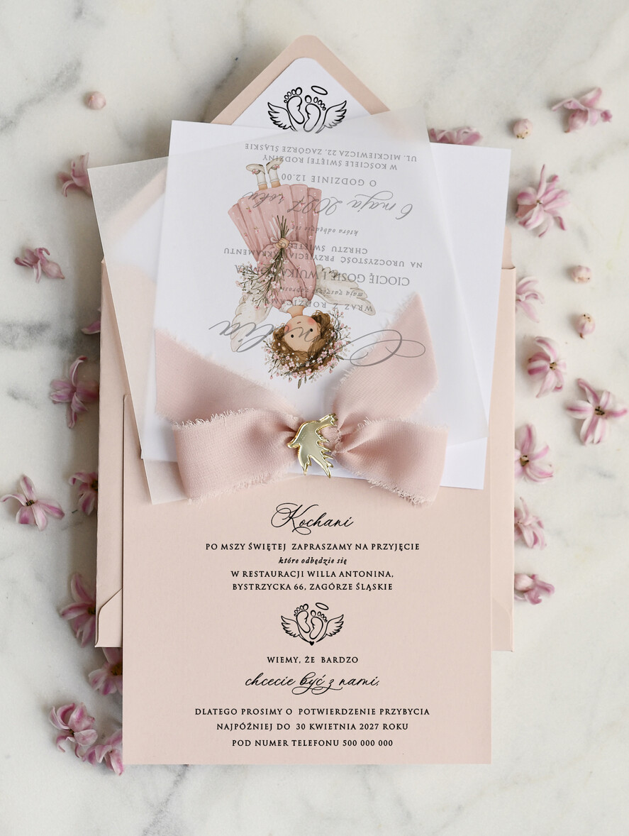 ZAPROSZENIA NA CHRZCINY dla dziewczynki  boho deilkatne Zaproszenie na Chrzest z kalką, Eleganckie Zaproszenia na Chrzciny ze Zdjęciem 1