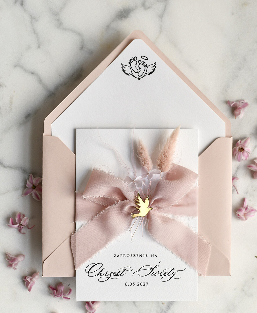 ZAPROSZENIA NA CHRZCINY dla dziewczynki  Boho składne Zaproszenie na Chrzest tłoczone, Eleganckie Zaproszenia na Chrzciny 0