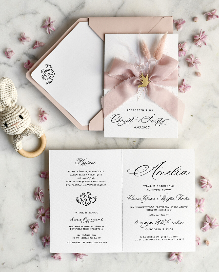 ZAPROSZENIA NA CHRZCINY dla dziewczynki  Boho składne Zaproszenie na Chrzest tłoczone, Eleganckie Zaproszenia na Chrzciny 1