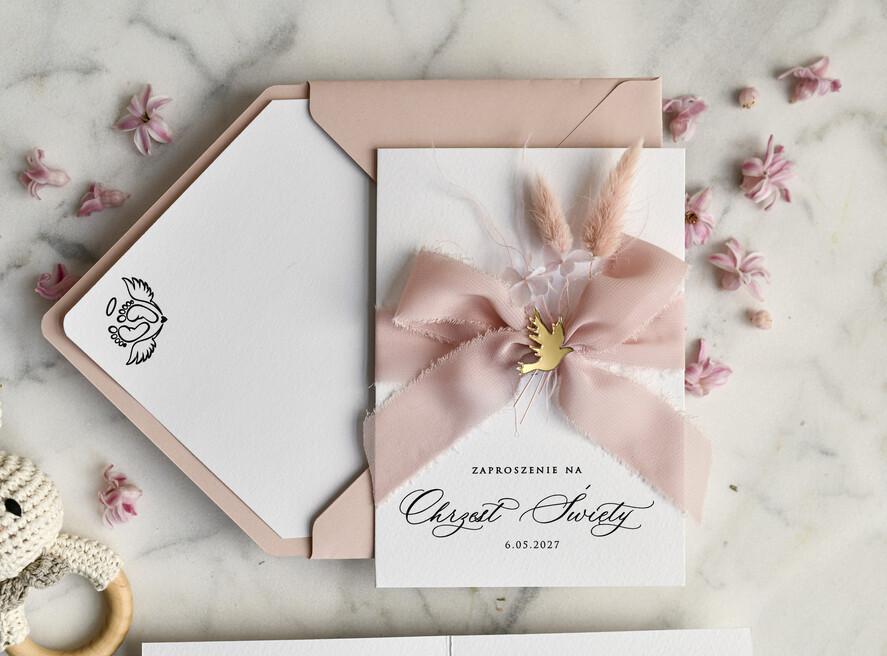 ZAPROSZENIA NA CHRZCINY dla dziewczynki  Boho składne Zaproszenie na Chrzest tłoczone, Eleganckie Zaproszenia na Chrzciny 2