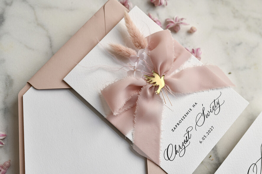 ZAPROSZENIA NA CHRZCINY dla dziewczynki  Boho składne Zaproszenie na Chrzest tłoczone, Eleganckie Zaproszenia na Chrzciny 3