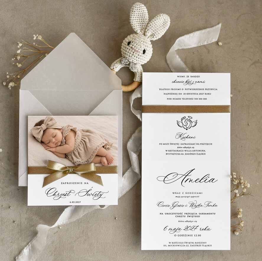 ZAPROSZENIA NA CHRZCINY dla dziewczynki  Boho Złocone Zaproszenie na Chrzest w folderze, Eleganckie Zaproszenia na Chrzciny ze Zdjęciem 1