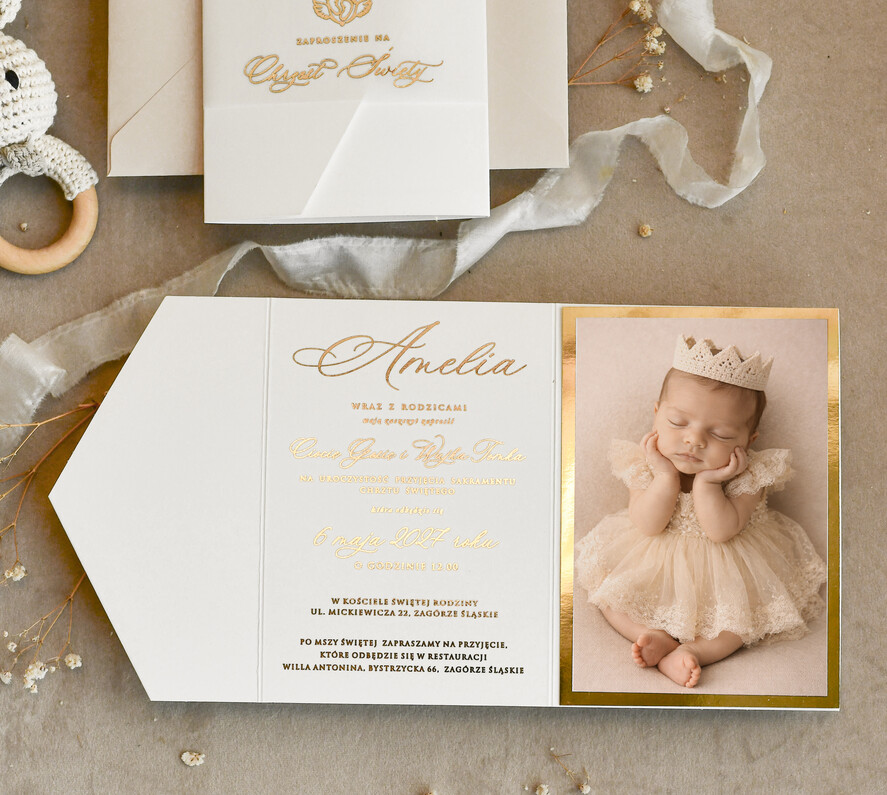 ZAPROSZENIA NA CHRZCINY dla dziewczynki  Złocone Zaproszenie na Chrzest, Eleganckie Zaproszenia na Chrzciny ze Zdjęciem 2