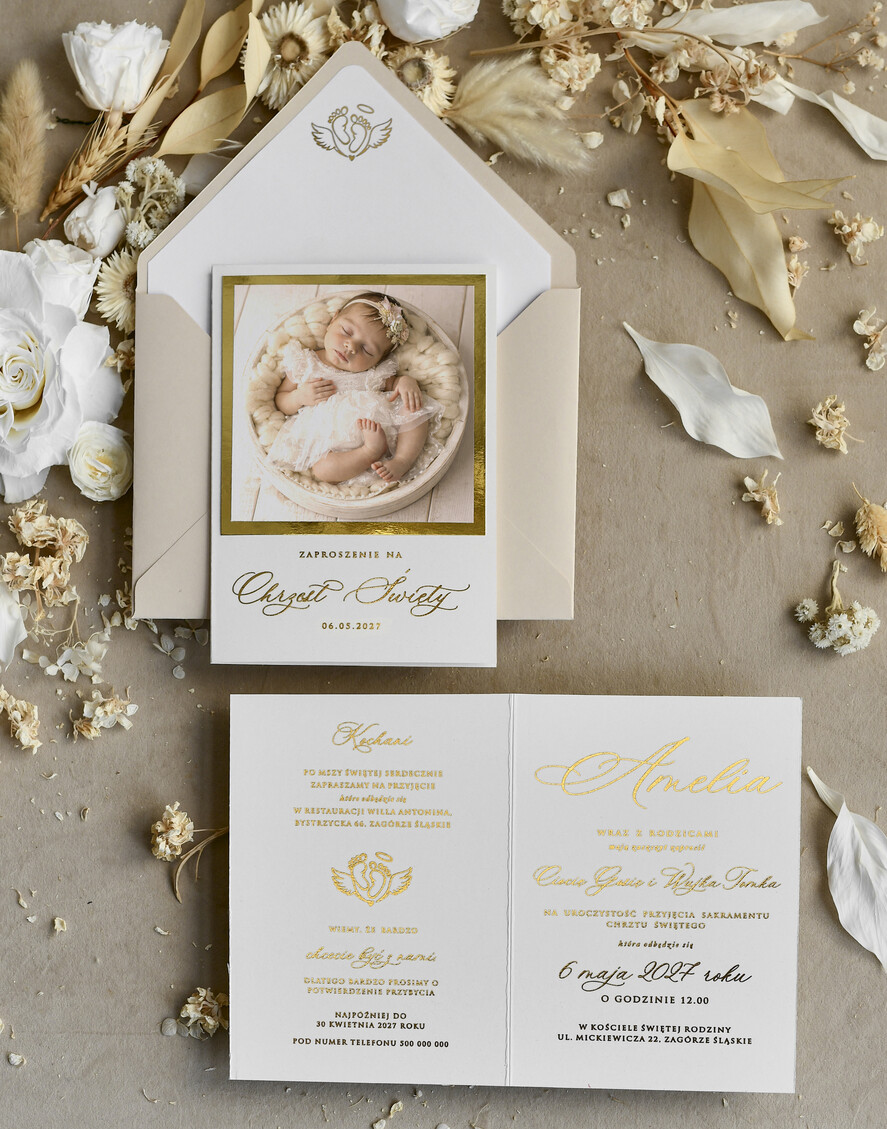ZAPROSZENIA NA CHRZCINY dla dziewczynki  Złocone Zaproszenie na Chrzest, Eleganckie Zaproszenia na Chrzciny ze Zdjęciem 2
