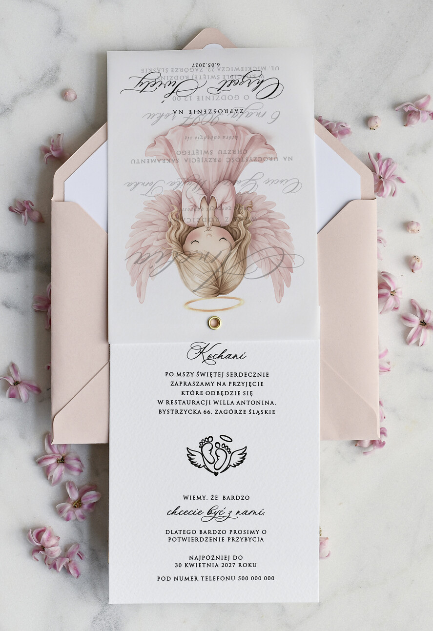 ZAPROSZENIA NA CHRZCINY dla dziewczynki  klasyczne Zaproszenie na Chrzest z kalką, Eleganckie Zaproszenia na Chrzciny ze Zdjęciem 1
