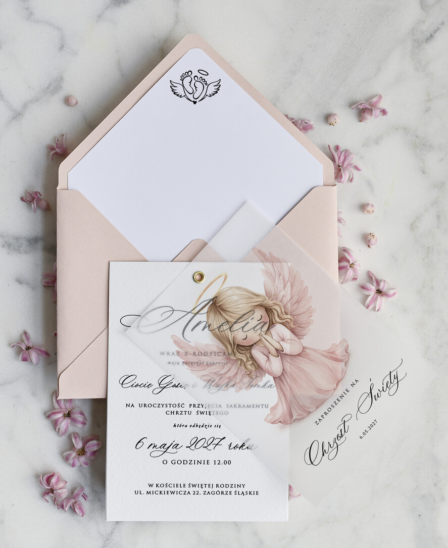 ZAPROSZENIA NA CHRZCINY dla dziewczynki  klasyczne Zaproszenie na Chrzest z kalką, Eleganckie Zaproszenia na Chrzciny ze Zdjęciem 2