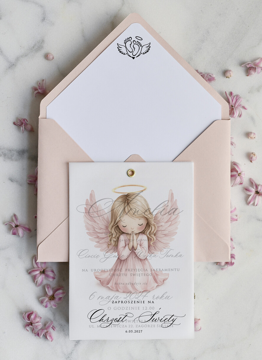 ZAPROSZENIA NA CHRZCINY dla dziewczynki  klasyczne Zaproszenie na Chrzest z kalką, Eleganckie Zaproszenia na Chrzciny ze Zdjęciem 0