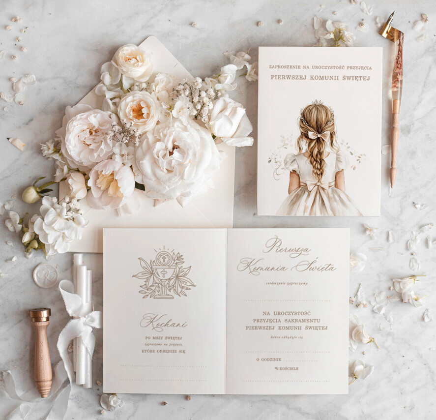 Gotowe zaproszenia na Komunię  dla dziewczynki Eleganckie zaproszenia na Pierwszą Komunię Świętą do samodzielnego wypełnienia w zestawie z kopertą0
