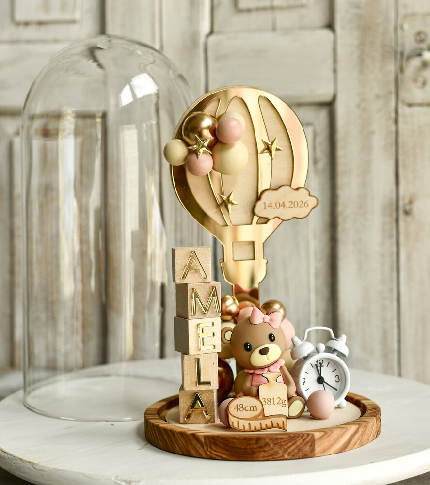 prezent dla Malucha - Metryczka kopuła szkalna Prezent dla Noworodka- Metryczka - szklana kopuła misio z balonikami Inicjał12