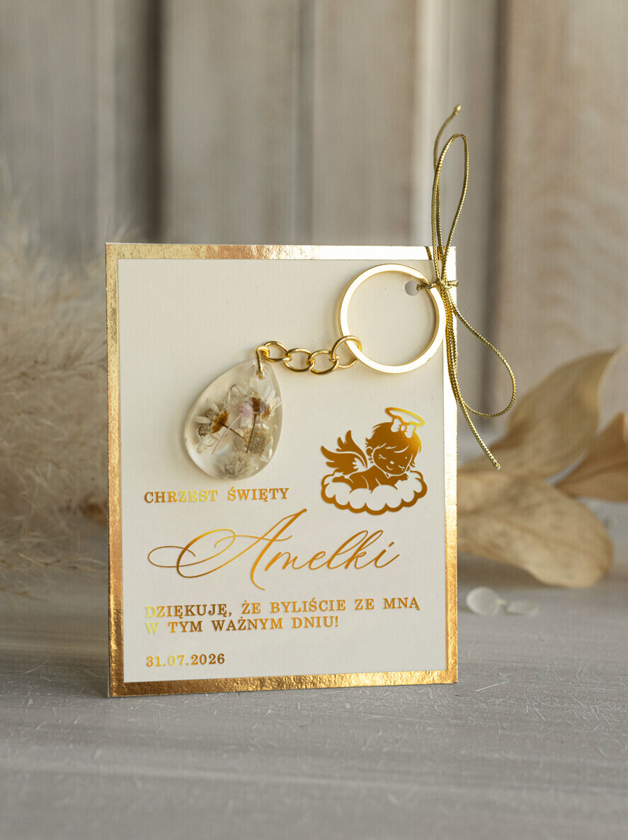 PODZIĘKOWANIA DLA GOŚCI CHRZCINY Podziękowania dla gości na Chrzest Eleganckie podziękowanie dla gości z okazji Chrztu Świętego breloczek do kluczy z kwiatkami0