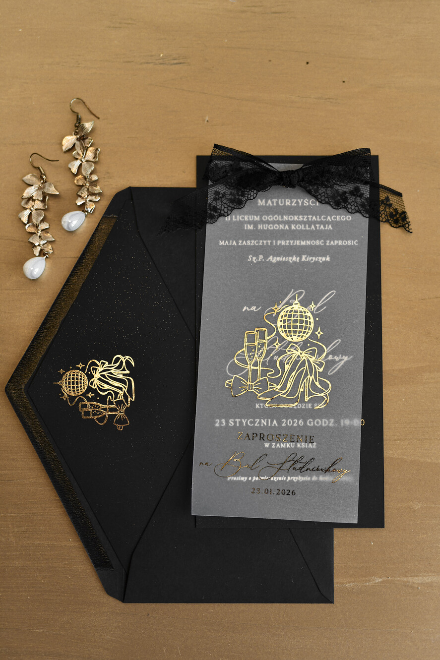 zaproszenia na studniówkę podłużne eleganckie koronkowe złocone zaproszenia na studniówkę z kalką, podłużne zaproszenie na bal maturalny z koronką zaproszenie studniówkowe3