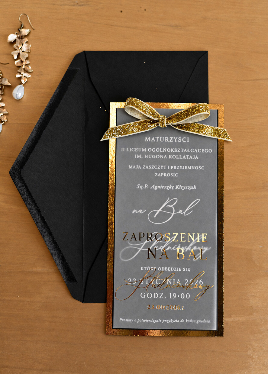 zaproszenia na studniówkę podłużne eleganckie eleganckie złocone zaproszenia na studniówkę z kalką, podłużne zaproszenie na bal maturalny z kokardką brokatową zaproszenie studniówkowe0