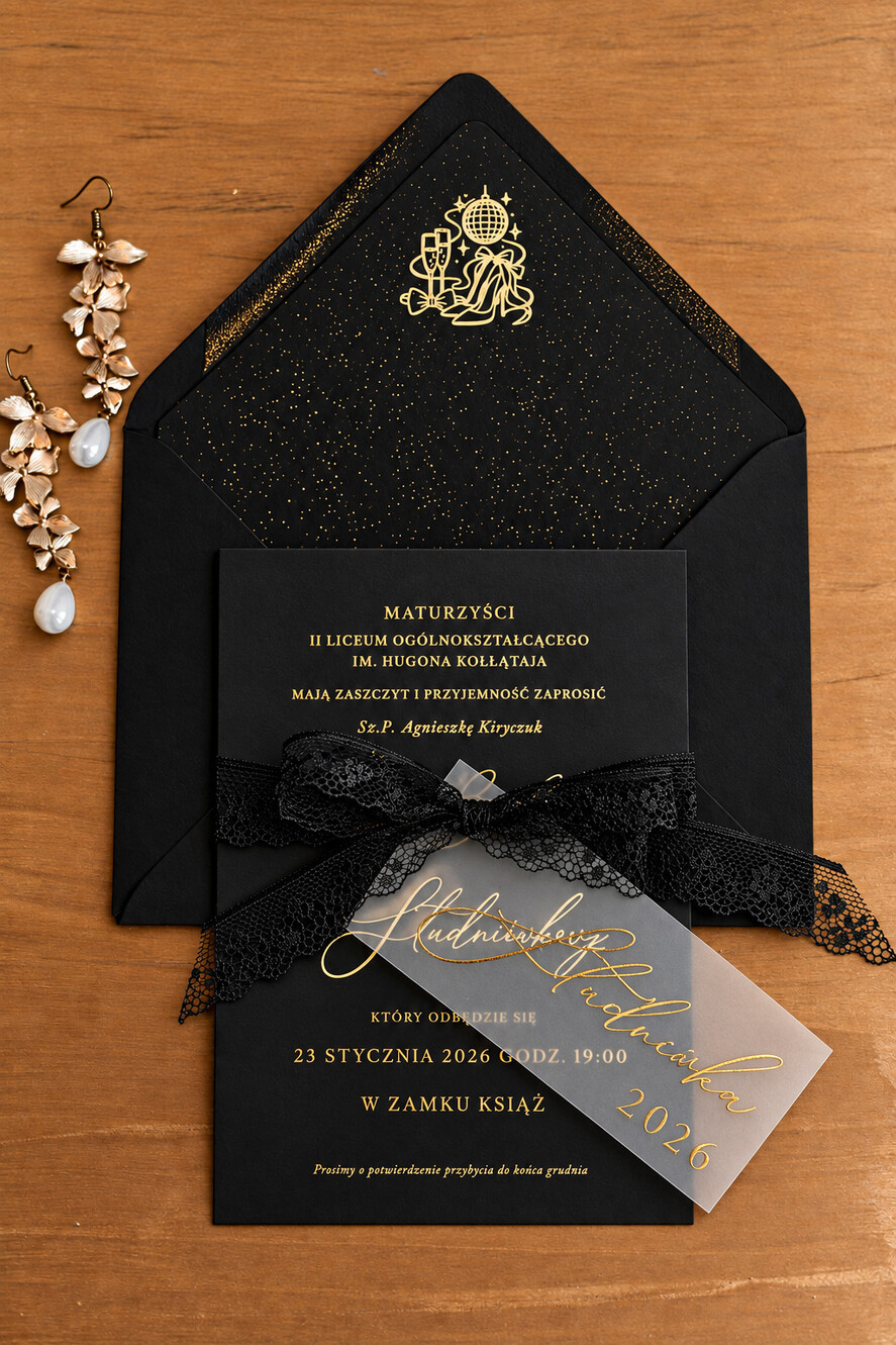 zaproszenia na studniówkę klasyczne czarno złote koronkowe zaproszenia na studniówkę z kalką , zaproszenie złocone na bal maturalny z koronką czarne klasyczne zaproszenie studniówkowe0