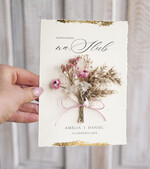 Zaproszenia ślubne Natura złocone Zaproszenia ślubne boho z suszonym bukiecikiem, nietypowe różowe zaproszenia na ślub z suszkami i sznurkiem, rustykalne złocone zaproszenia z różową kopertą12