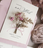 Zaproszenia ślubne Natura złocone Zaproszenia ślubne boho z suszonym bukiecikiem, nietypowe różowe zaproszenia na ślub z suszkami i sznurkiem, rustykalne złocone zaproszenia z różową kopertą13