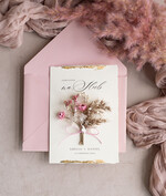 Zaproszenia ślubne Natura złocone Zaproszenia ślubne boho z suszonym bukiecikiem, nietypowe różowe zaproszenia na ślub z suszkami i sznurkiem, rustykalne złocone zaproszenia z różową kopertą0