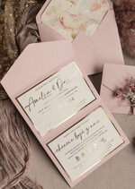 Zaproszenia ślubne Natura złocone Zaproszenia ślubne boho z suszonym bukiecikiem, kopertowe różowe zaproszenia na ślub z suszkami i sznurkiem, rustykalne złocone zaproszenia z różową kopertą14