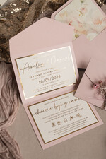 Zaproszenia ślubne Natura złocone Zaproszenia ślubne boho z suszonym bukiecikiem, kopertowe różowe zaproszenia na ślub z suszkami i sznurkiem, rustykalne złocone zaproszenia z różową kopertą17