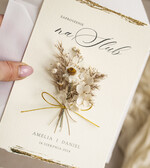 Zaproszenia ślubne Natura Zaproszenia ślubne boho z szuszonym bukiecikiem,nietypowe zaproszenia  na ślub z szuszkami i jedwabiem, rustykalne złocone zaproszenia z kalkowa kopertą7